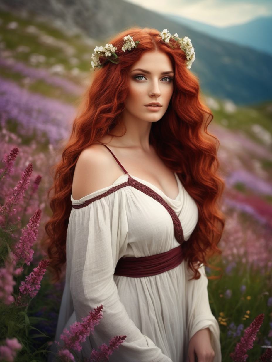 a very beautiful woman with wavy maroon hair, in a valley of flowers. greek mythology 