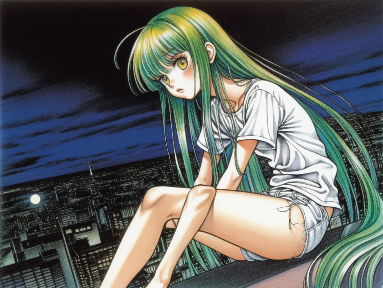 A slender adult girl with long green hair