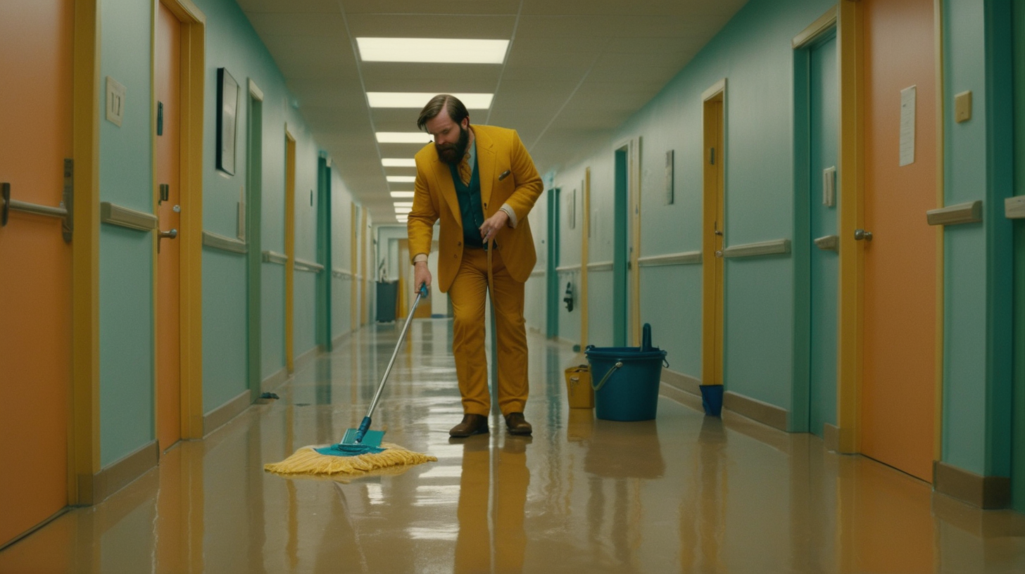 A bearded man mops a very shiny floor in a moodily lit office hallway in the style of a  wes anderson film