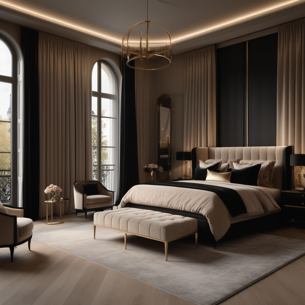 A hyperrealistic image of a grand, Modern Parisian, feminine, elegant, master bedroom with mood lighting, curtains,  in a beige oak brass and black colour palette with floor to ceiling windows 