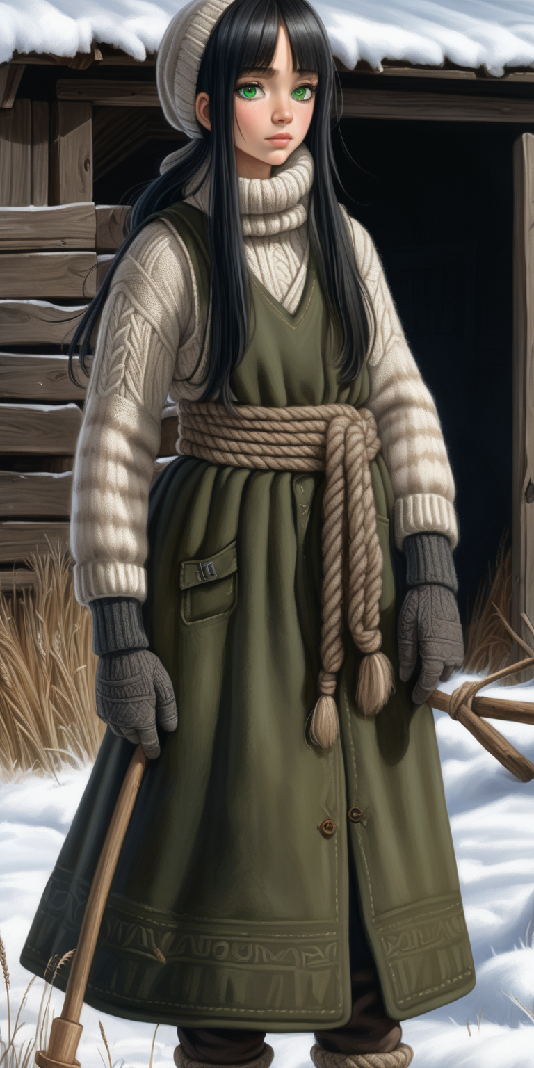 A beautiful peasant woman with long black hair and green eyes works in the pen in front of the barn. The peasant woman wearing black pair of gardening shoes.Around her are seeps- black and brown. Earth is transformed in deep mud mud. The barn is surrounded by a fence of old wooden posts and wire mesh. It's winter, everything is covered with a thick layer of snow. Mud and snow mix. Brown coarsely knitted woolen socks stick out from them - up to the middle of the leg and. On top of them, to keep her warm, she has put on green - brown, very wrinkled and crumpled woolen knitted gaiters. It is worn with thick elastic leggings, over it there is a short knitted skirt in black and brown. A chunky brown-gray wool sweater with a chin-high collar is snug around her. over it she wore an off-white furry sleeveless sweater with a triangle neckline. Above all this is a open short quilted waistcoat in green. On his head he wears a thick knitted woolen gray hat . He also has a thick scarf sloppily draped around his neck. He also wears gray knitted woolen gloves. across the waist, a thin hemp rope is wrapped 6-7 times and tied with knot.