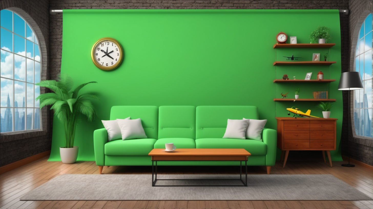 Ein realistischer Greenscreen-Hintergrund mit Sofa und Regal. Die Dekoration sollten Bahn und Flugzeugthemen berücksichtigen