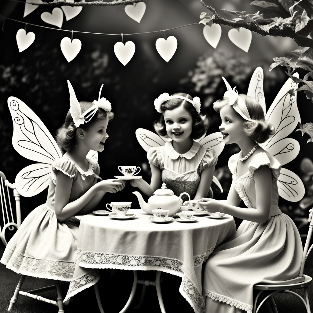 /envision prompt: "Vintage Fairy Valentines' Tea Party" depicted in black and white photography with a touch of Ansel Adams' timeless elegance. Fairies, donned in vintage attire, gather for a tea party in a sun-dappled garden. The monochromatic tones add a touch of nostalgia, and expressions capture the camaraderie of friendship and love. --v 5 --stylize 1000