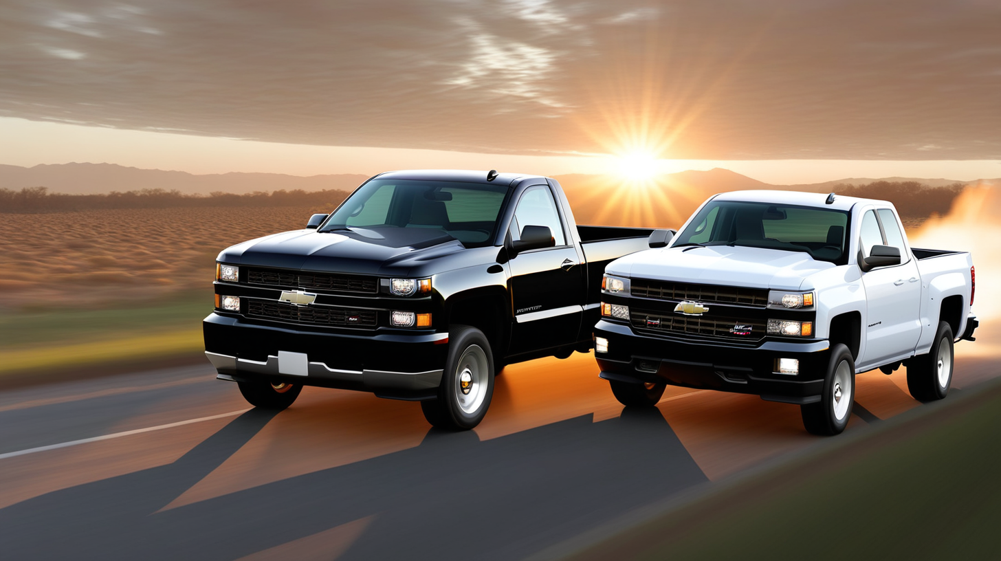 A black Chevrolet pickup truck, and a white Chevrolet pickup truck, driving off into the sunset side-by-side.
