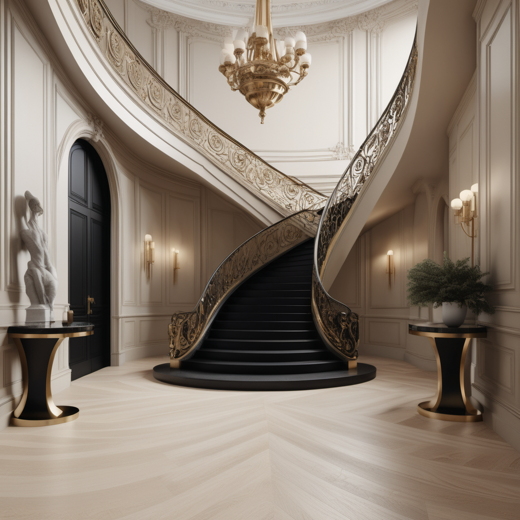 a hyperrealistic image of a grand modern Parisian entrance foyer with curved staircase; beige, oak, brass, black colour palette;