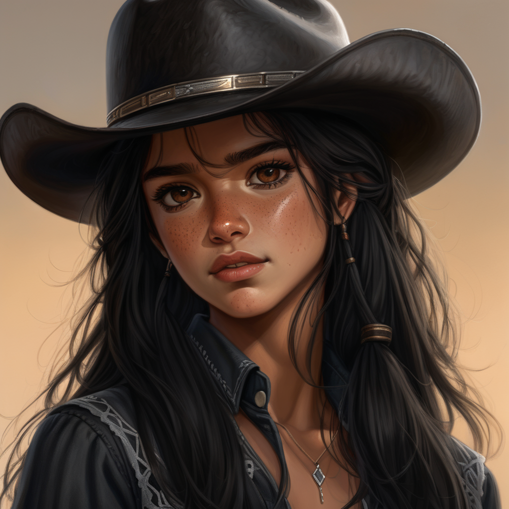 black cowboy hat, black hair, long hair, brown eyes, Latin, female, semi realism, western, freckles