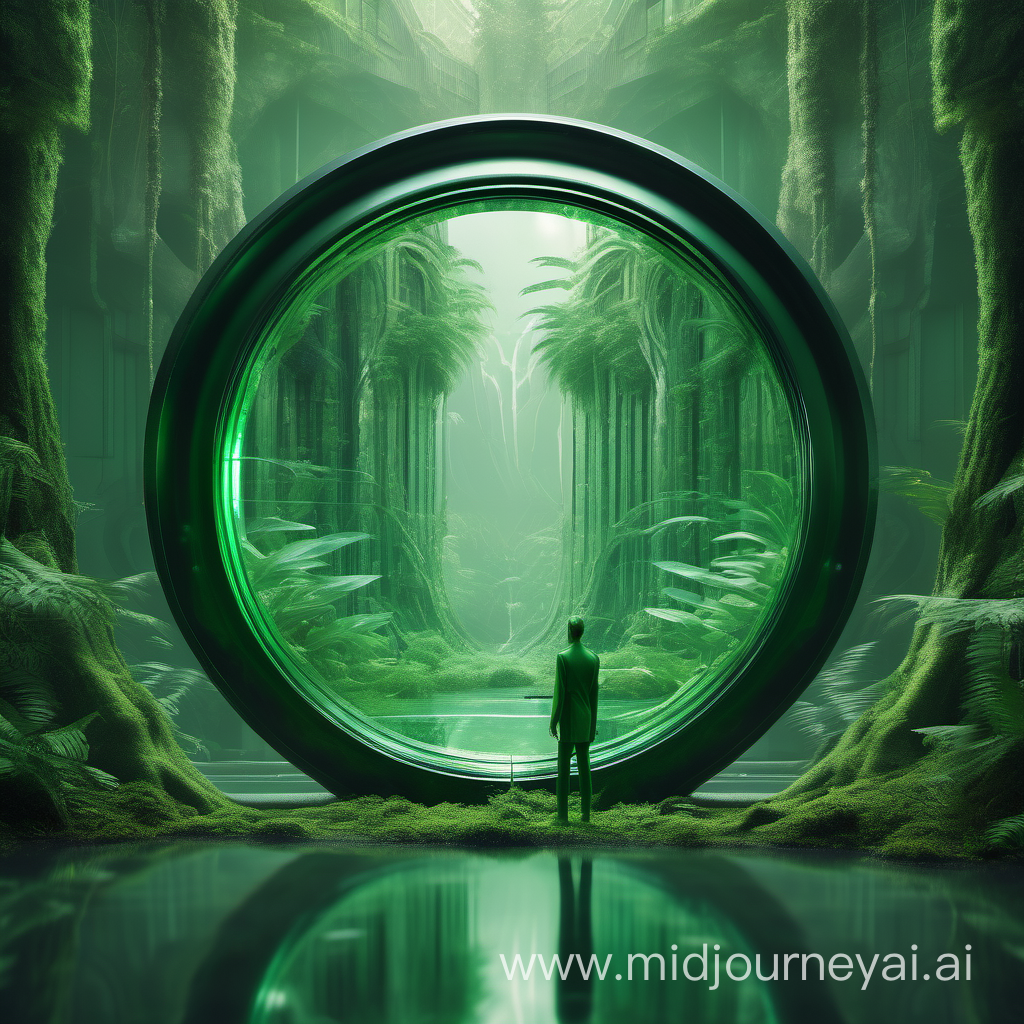 an exotic entity looking into a giant dimensional mirror which subtly shows a reflection which is similar yet dark, eerie and different, environment is a huge green futuristic jungle 