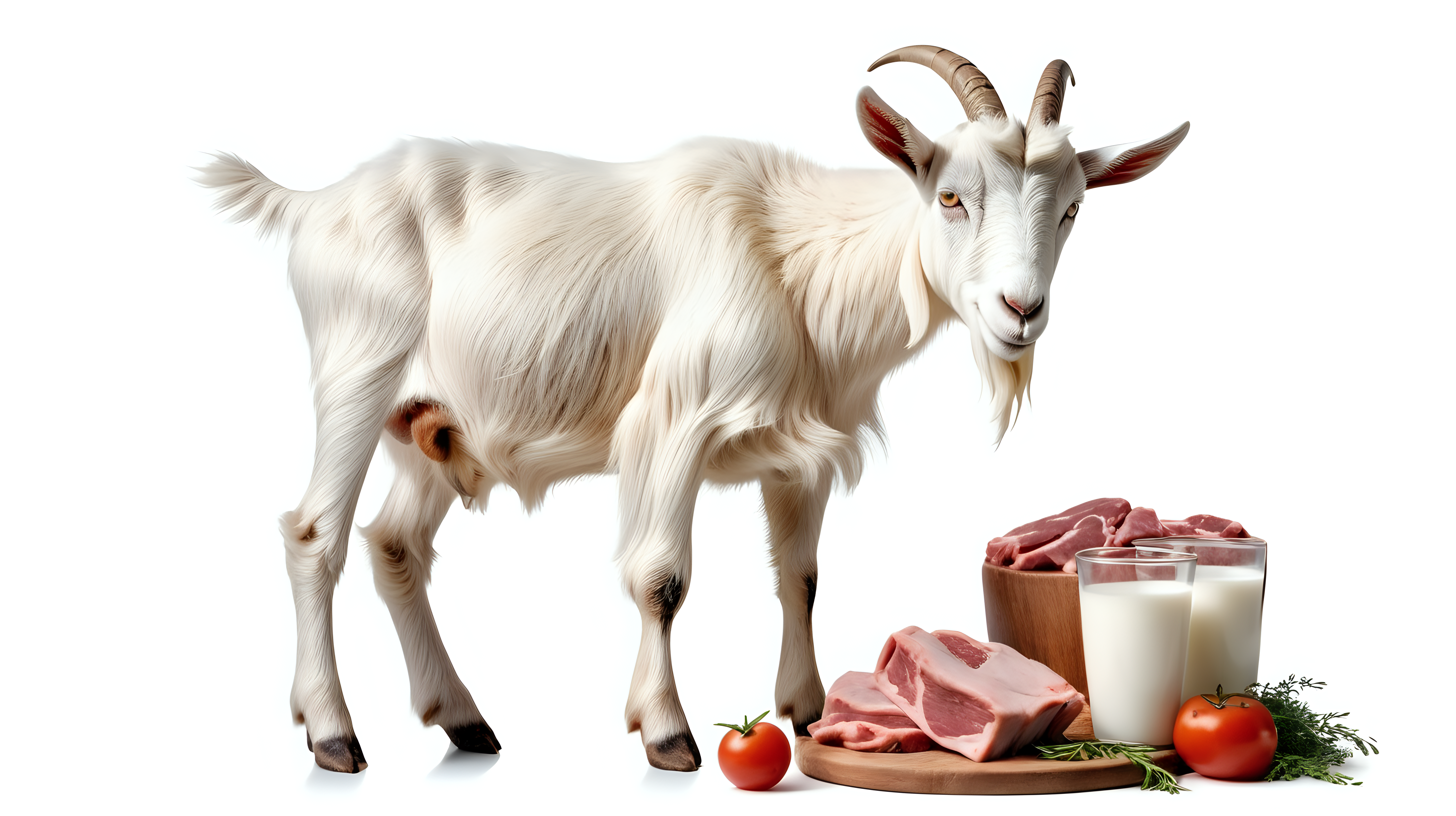 Healty goat with goat milk and meat on