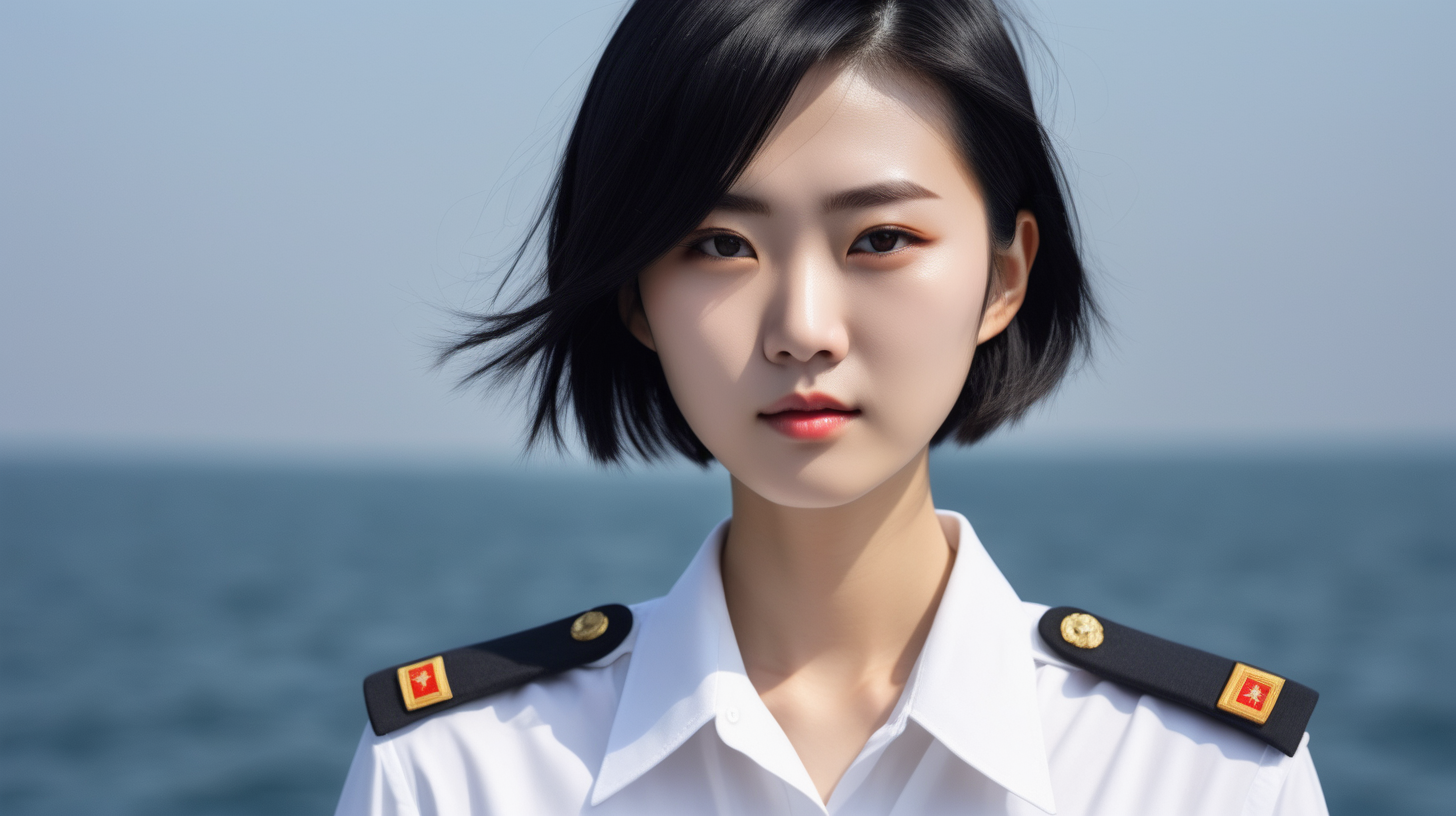 A Chinese naval female soldierYoung personShort hairBlack hairWhite