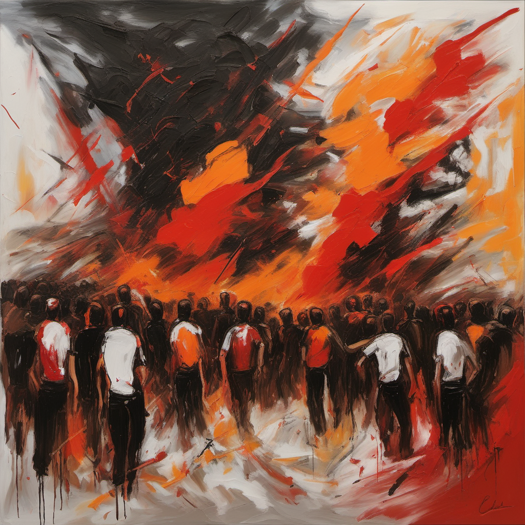First Clashes: A dynamic, expressionistic painting capturing the first moments of conflict in Gaza, with bold brushstrokes in red and orange, symbolizing the sudden eruption of violence.
