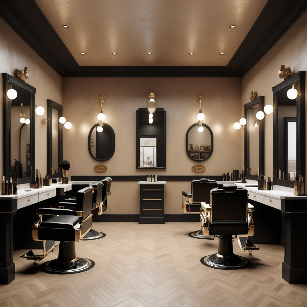 hyperrealistic image of an elegant barbers interior in a beige, oak, brass and black colour palette