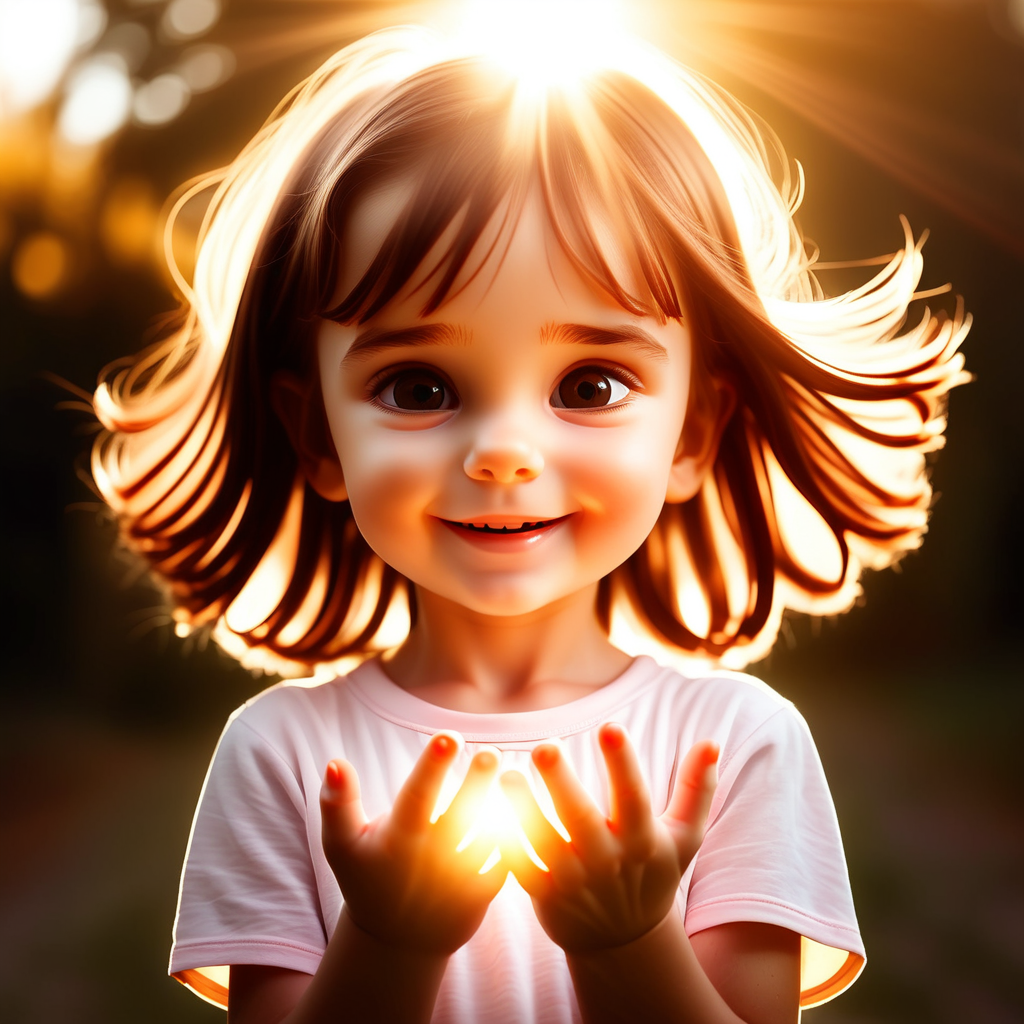 glowing light around little girl with brown hair  hands one sunny day.