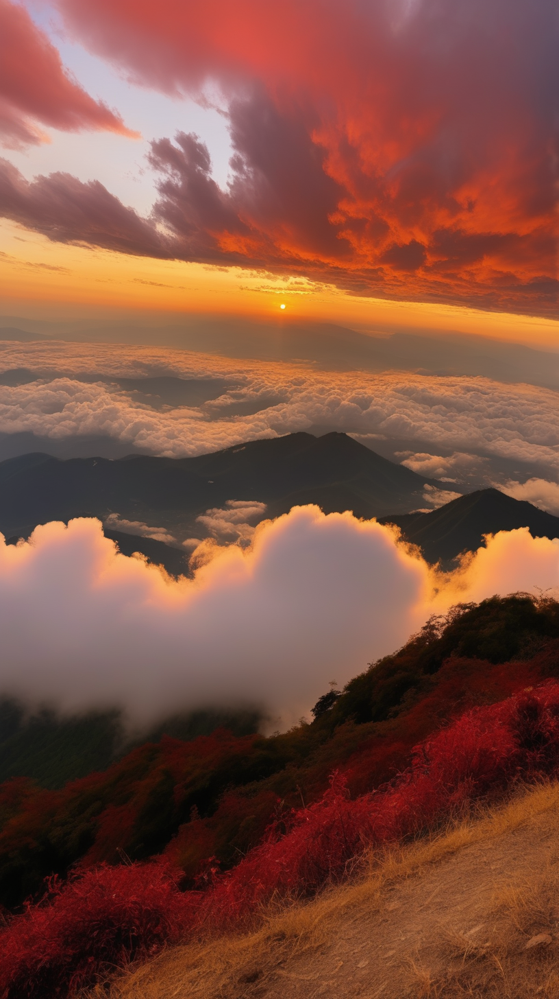 Seeing the Sunset Clouds, on the Mountain Hill, the Clouds Are Red to Golden Gold. Very beautiful
