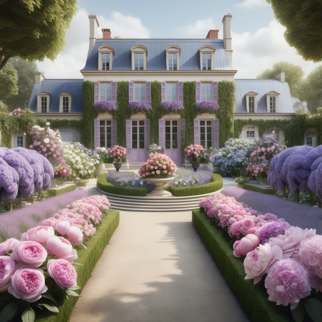 a hyperrealistic of a grand modern Parisian estate home flower farm with roses, peonies, lavender, hydrangeas, orchids