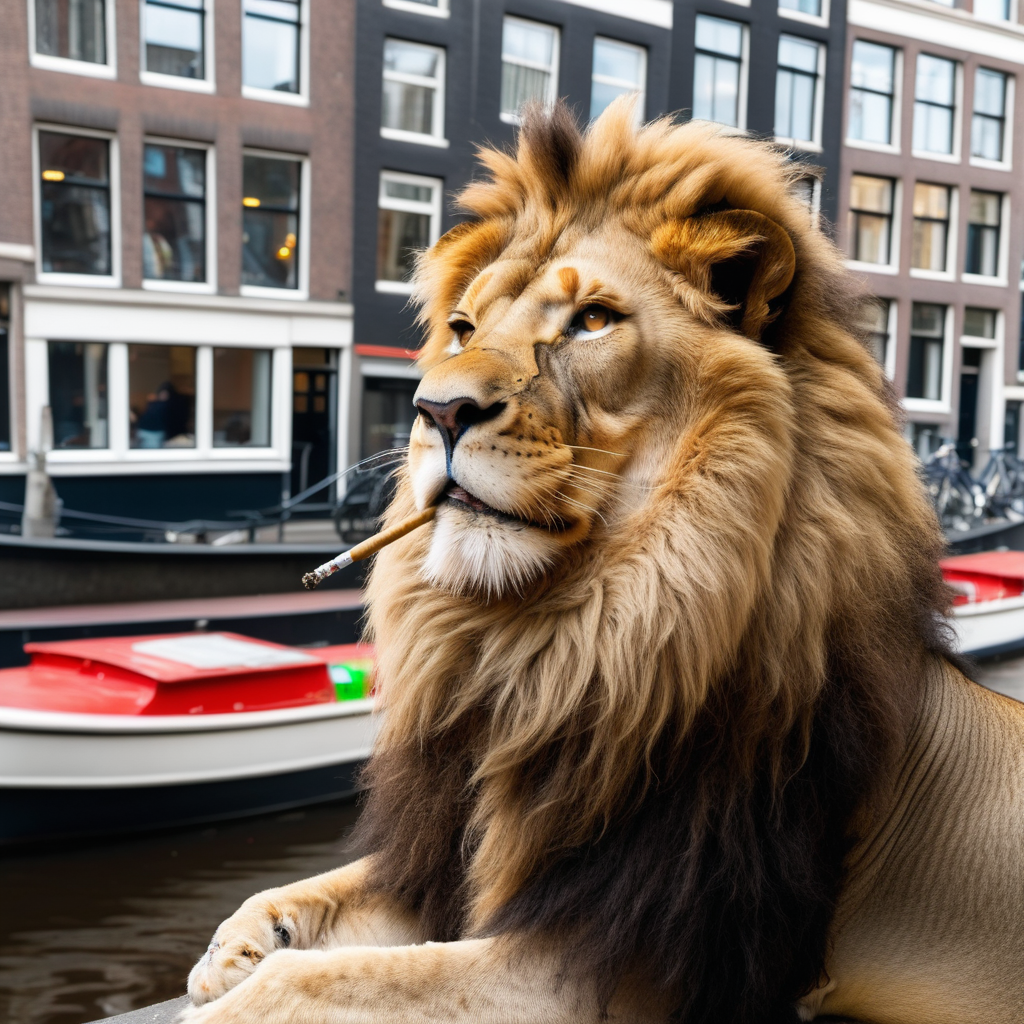 A lion in Amsterdam smoking weed