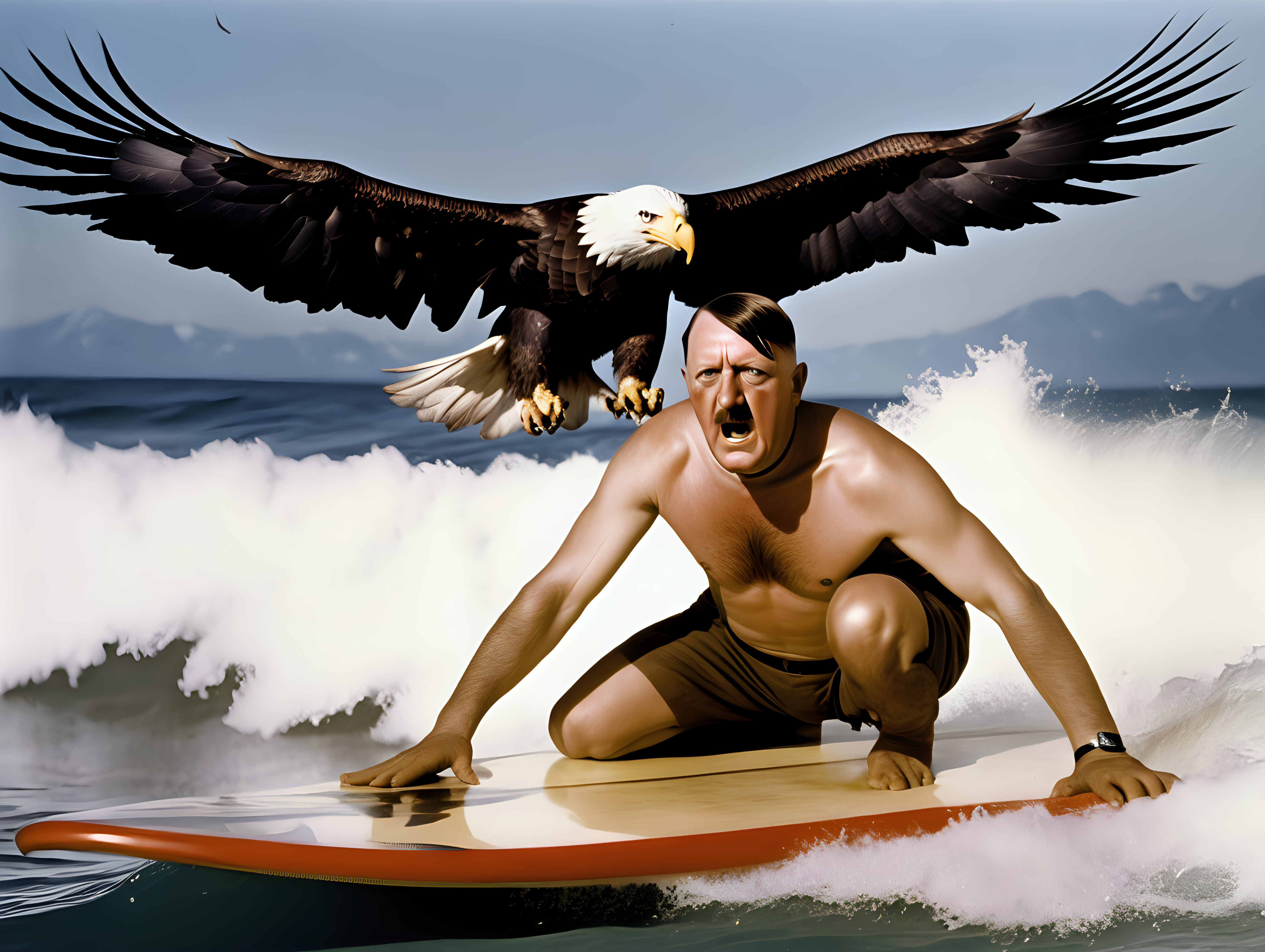 Hitler on a surfboard attacked by bald eagles
