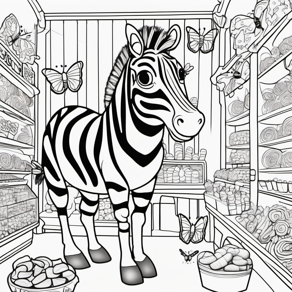 /Imagine colouring page for kids, Zebra rex in a candy shop with butterflies, cartoon style, Thick Lines, low details, no shading --ar 9:11