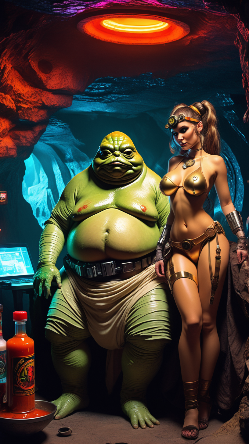 jabba and sexy slave leia in cyberpunk cave with hot sauce table