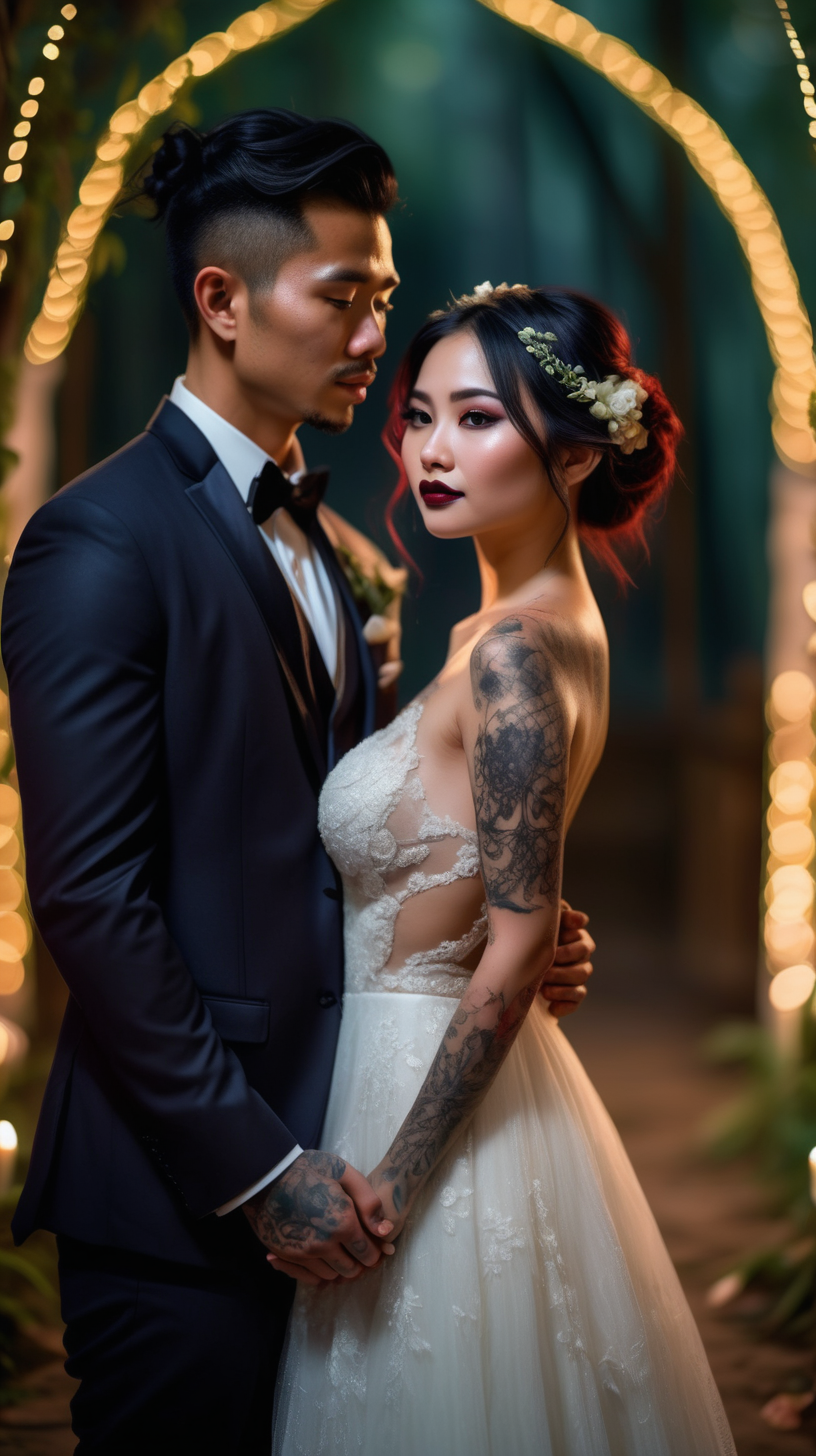 Beautiful Vietnamese woman, body tattoos, dark eye shadow, dark lipstick, hair in a messy updo, wearing a gorgeous wedding dress, bokeh background, soft light on face, stand at a beautiful archway, holding hands with handsome husband, in front of elaborate candlelit forest wedding, photorealistic, very high detail, extra wide photo, under the moonlight 