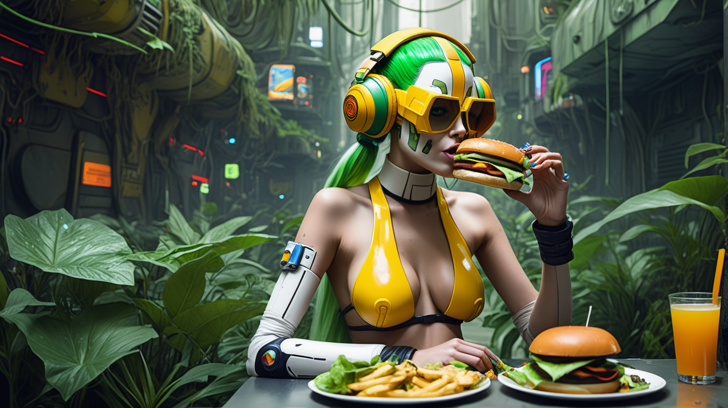 Hera Syndulla bikini eats hamburger in cyberpunk jungle