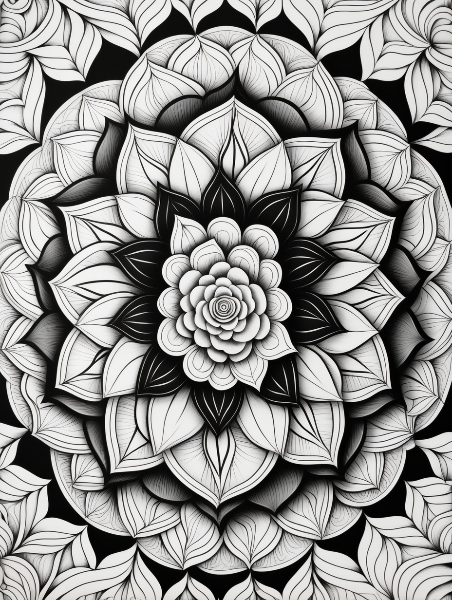 rose inspired mandala pattern, black and white, fit to page, children's coloring book, coloring book page, clean line art, line art
