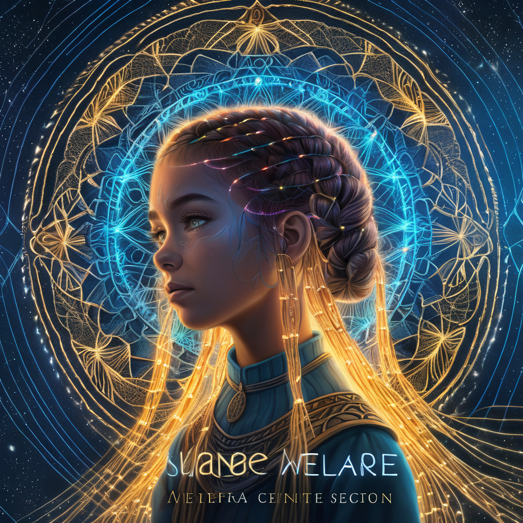 book cover design for a sci-fi story about a young adult woman who can weave glowing threads of fate in the middle of a mandala made of glowing threads