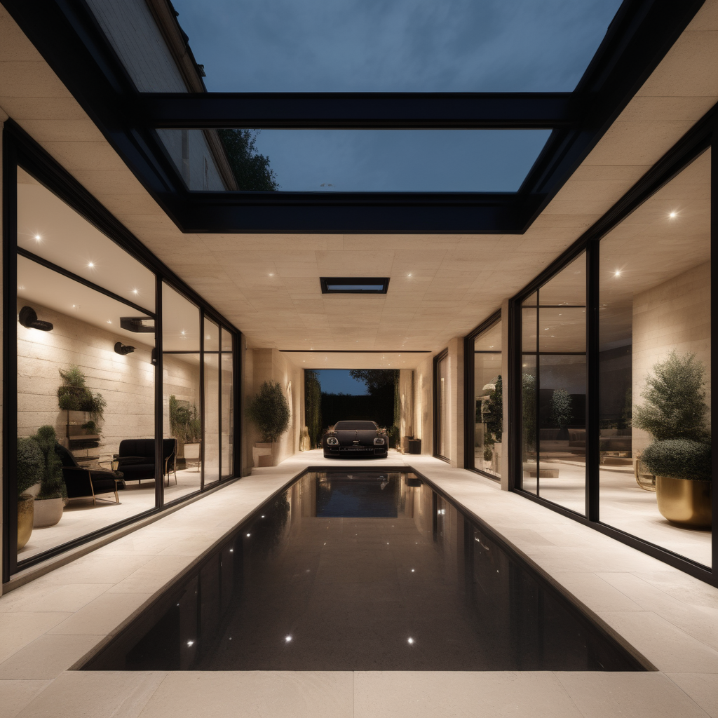 hyperrealistic modern Parisian garage at night; mood lighting;  Limestone pavers; glass ceiling looking into the  pool; beige, oak, brass and black colour palette; 

