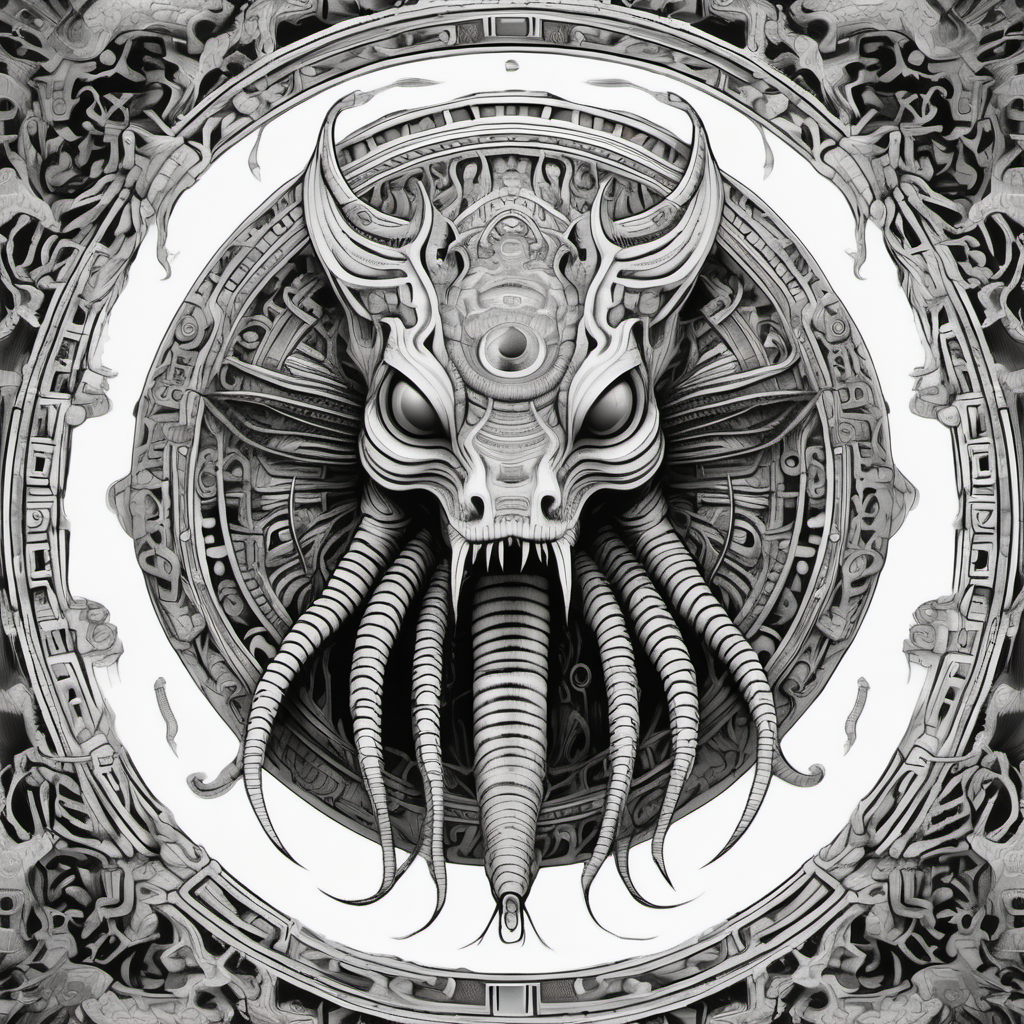 black & white, coloring page, high details, symmetrical mandala, strong lines, camposaurus with many eyes in style of H.R Giger