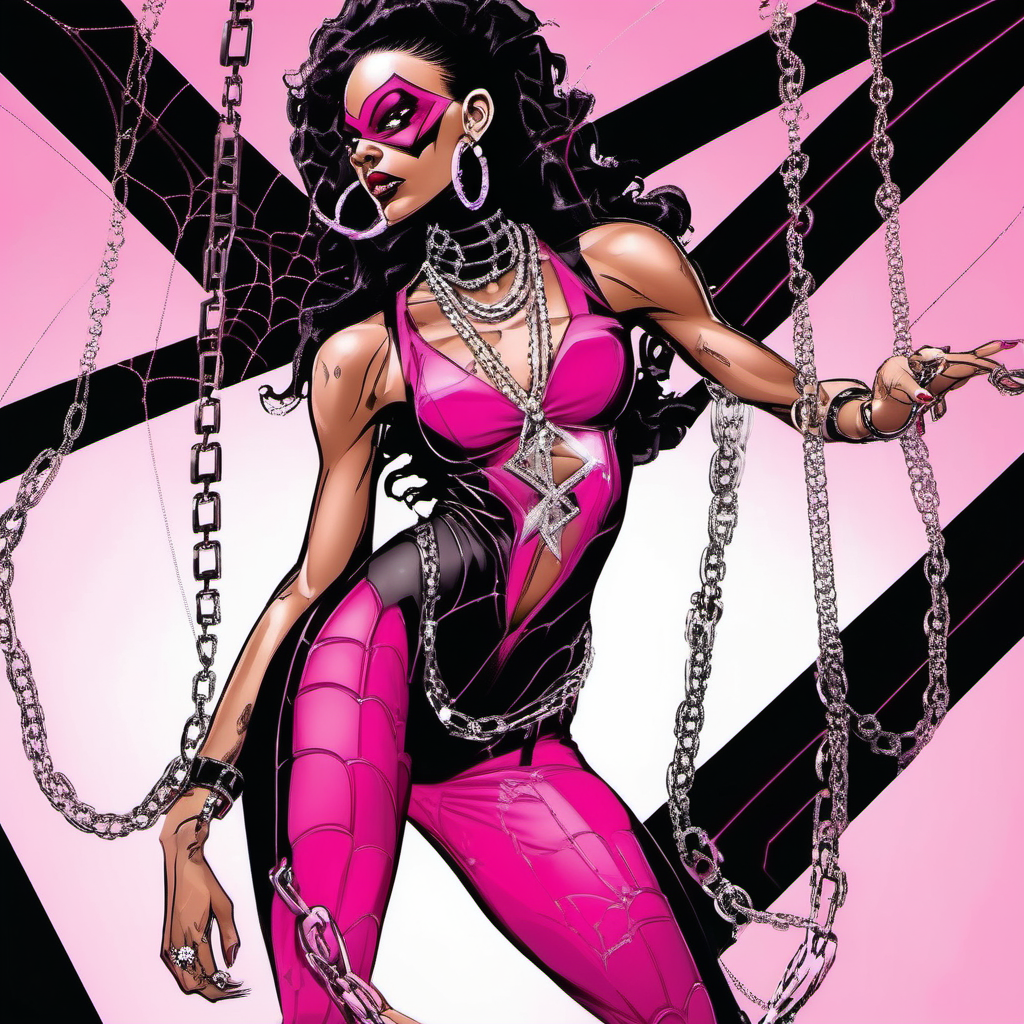 cool street wear spider woman in pink and black with diamond chains and hoop earrings