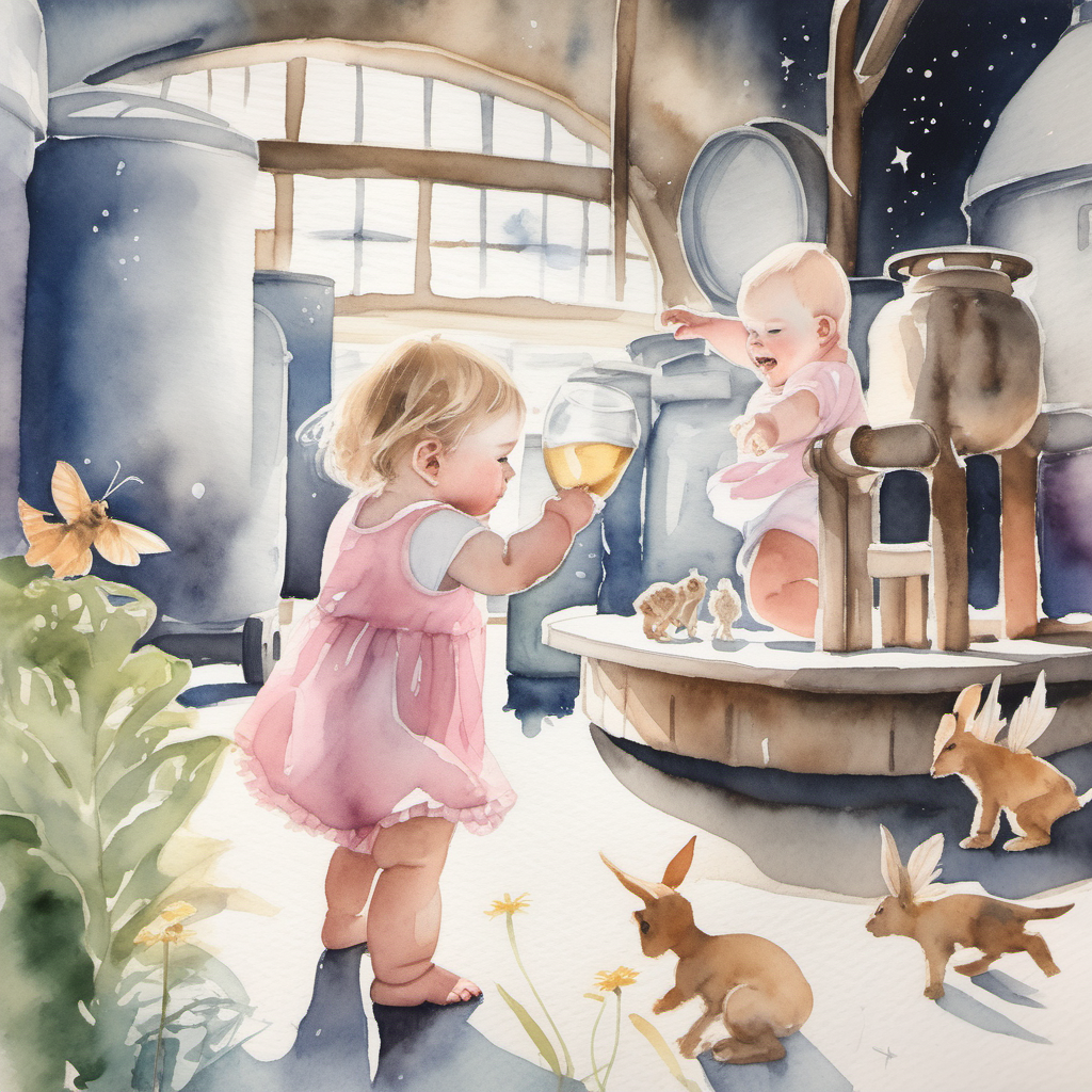 A watercolour painting of beautiful baby girl Lillie playing with fairies at a brewery