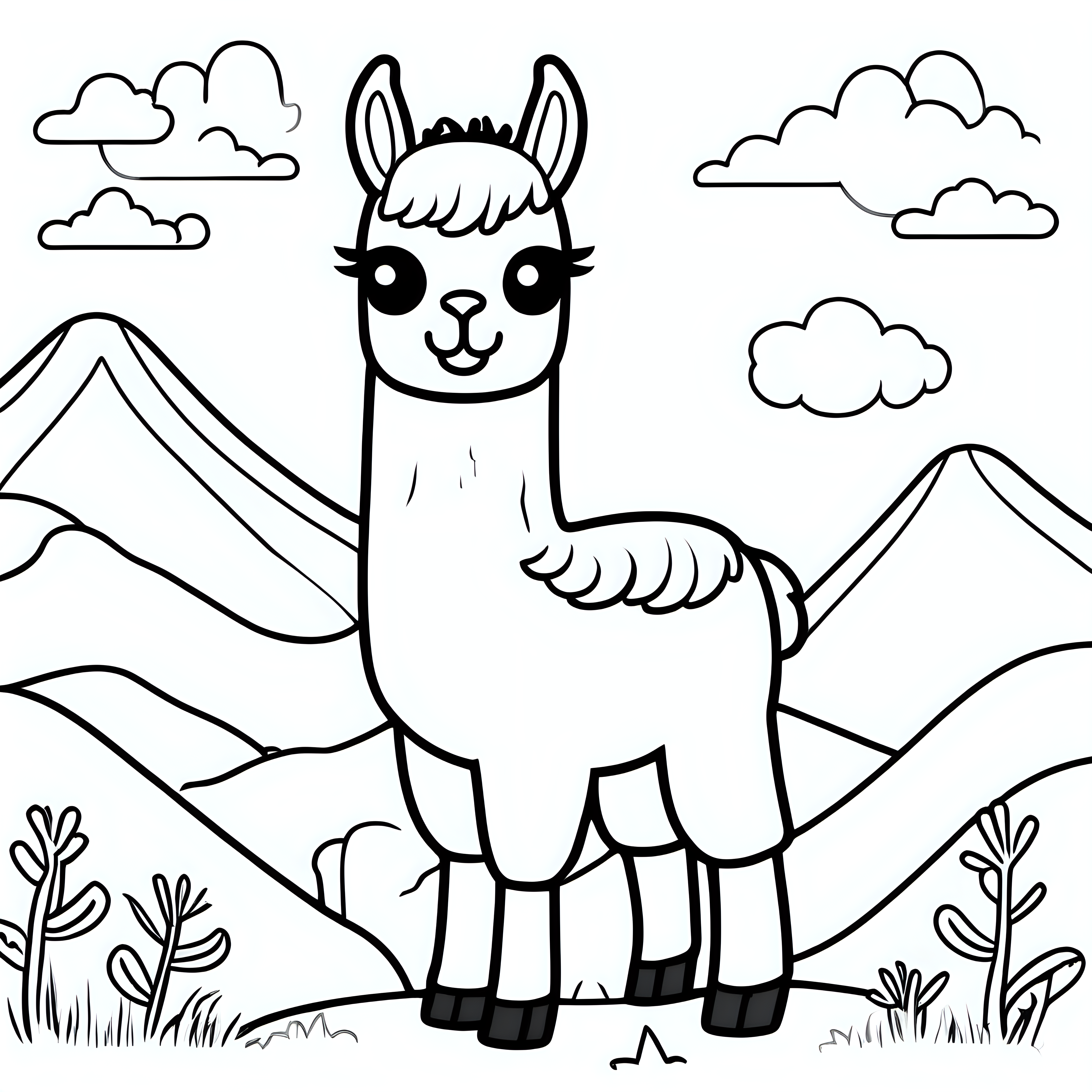 draw a cute Llama with only the outline in black for a coloring book for kids