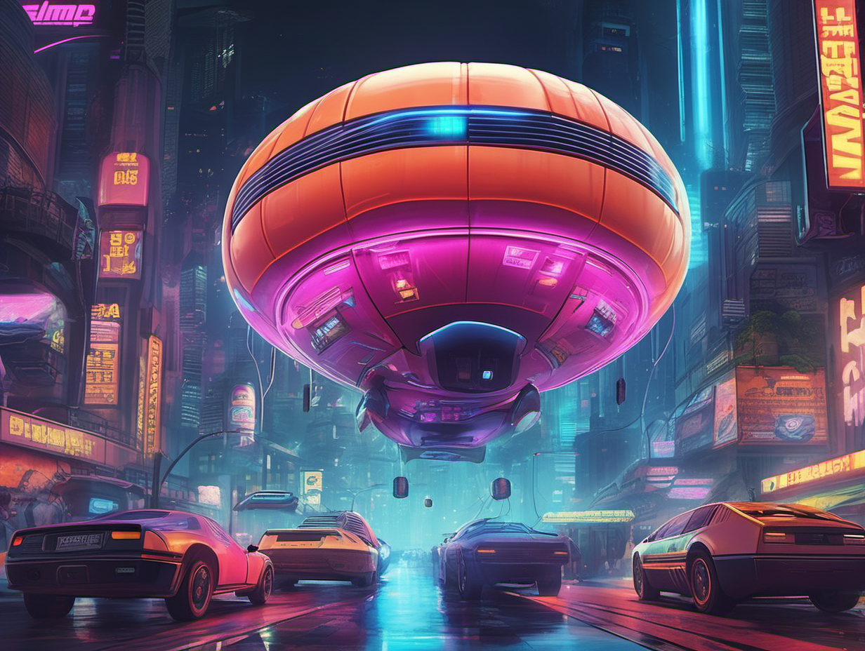 "Create a futuristic yet retro-inspired cityscape, reflecting the science fiction imagination of the 80s. Picture flying cars zipping between towering skyscrapers adorned with neon signs and holographic advertisements. The architecture is a mix of high-tech and art deco, reminiscent of classic sci-fi films like 'Blade Runner'. In the sky, a neon-lit blimp advertises a virtual reality arcade. On the streets below, pedestrians wear cyberpunk-inspired fashion, and street vendors sell futuristic gadgets. This metropolis combines the nostalgia of 80s sci-fi with a visionary look at the future."


