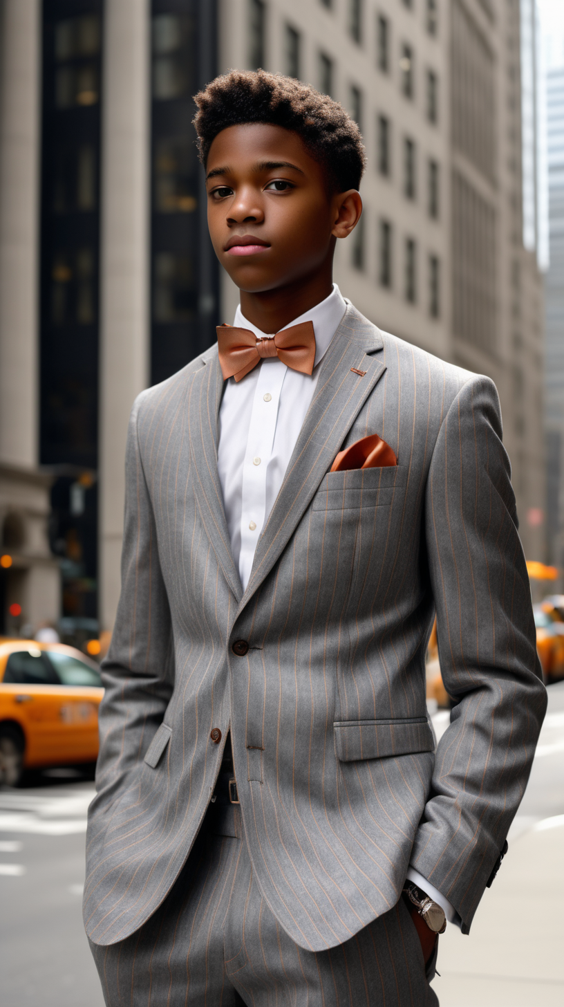 A handsome, intelligent black, male, teenager, with short hair, faded on the sides, wearing a Copper, striped, bowtie, wearing a white, dress shirt, wearing a Heather Grey, Glenplaid, two peice, gently tailored suit, standing outside of a corporate building, on Walstreet, in Ultra 4K, High Definition, full resolution, hyper realism