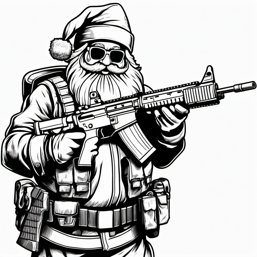 Santa Claus with an AR15 line art