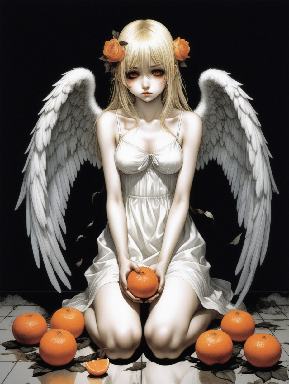 Chica angel con alas, sentada en el suelo sosteniendo una mandarina con las dos manos. Tiene un vestido blanco corto con tirantes simple, el pelo largo rubio y los ojos negros. A su lado crecen rosas marchitas. La ilustracion es del estilo de Takeshi Obata. La ilustracion es muy tenebrosa y perturbadora. Hay tonos tetricos