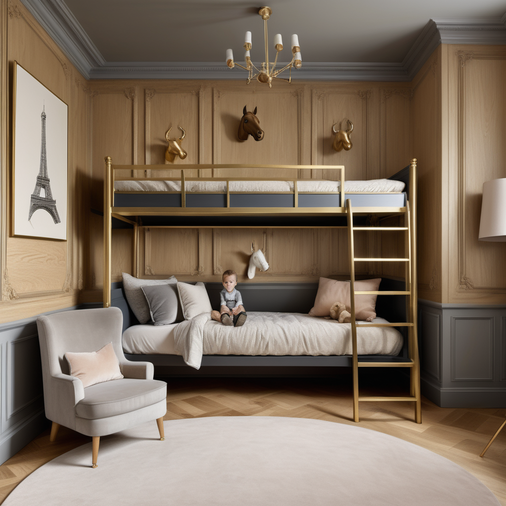 hyperrealistic image of a modern Parisian large childrens room with a brass bunk bed; oak wall panelling with beige and grey equestrian wallpaper ; beige, oak, brass and slate-grey colour palette