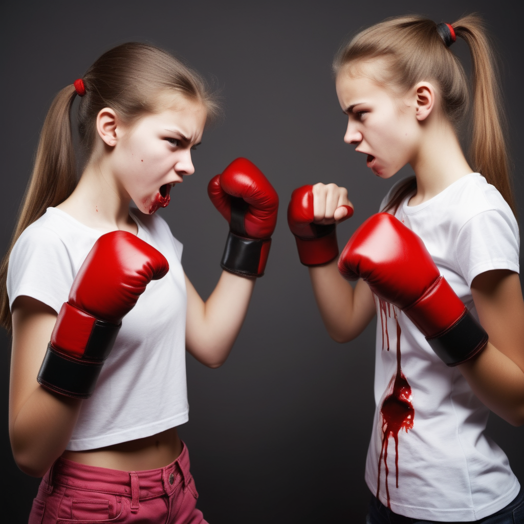 slim teen girls fighting punching blood