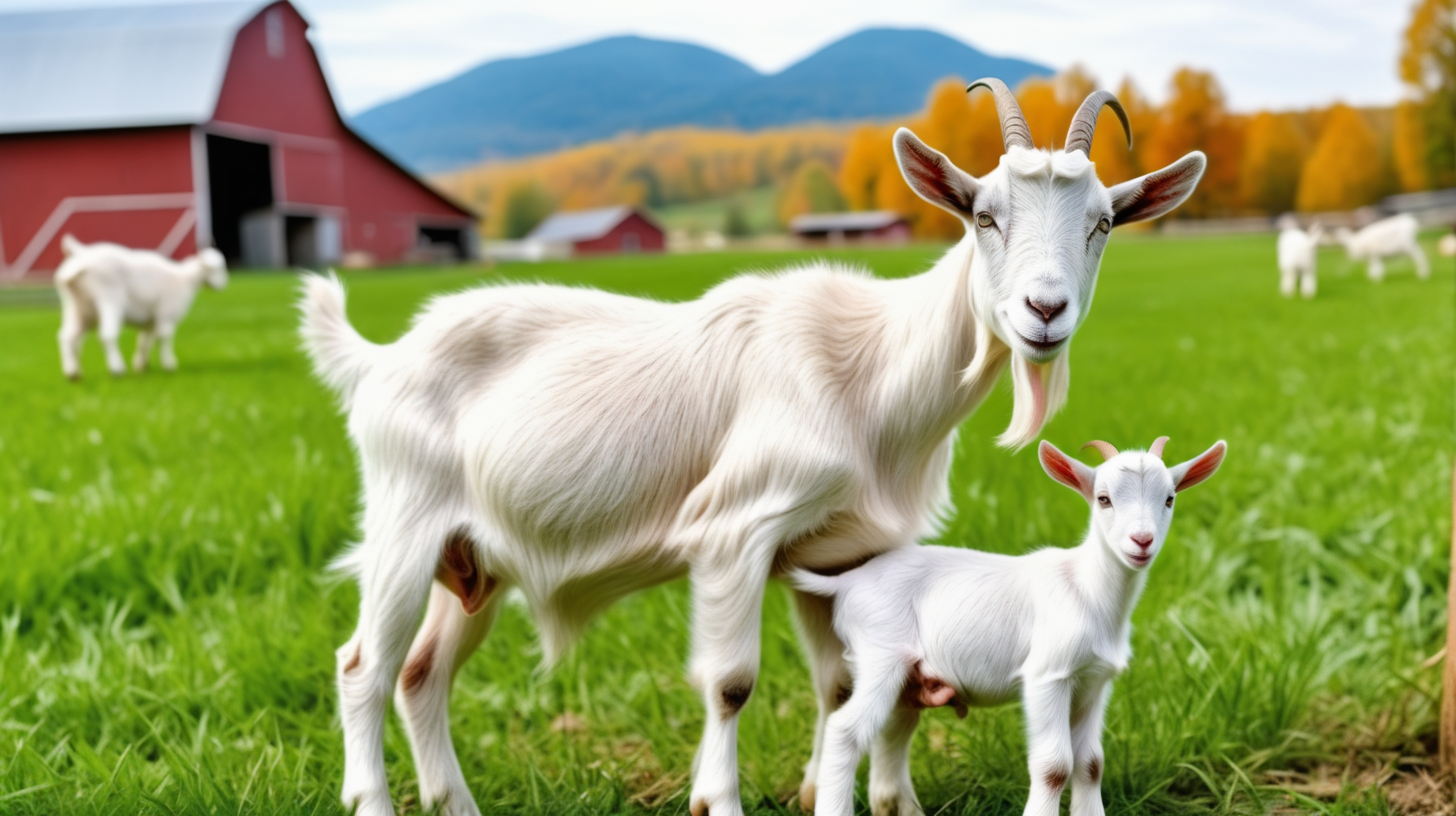 Goat kid with Goat in field, farm barn background, isolated on background