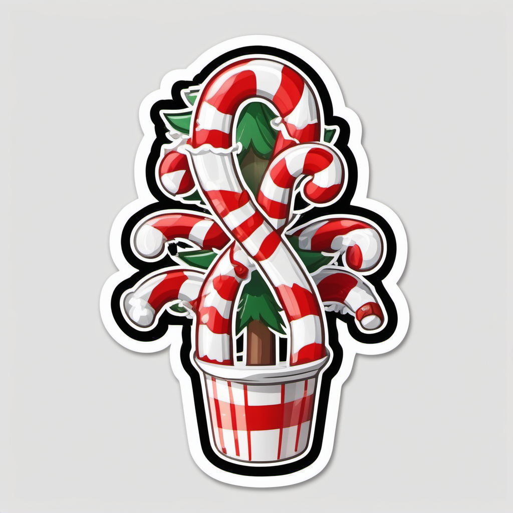 Sticker, Christmas Tree with Festive Candy Canes with Red and White 
Stripes, cartoon clipart, vector image, flat white 
background


