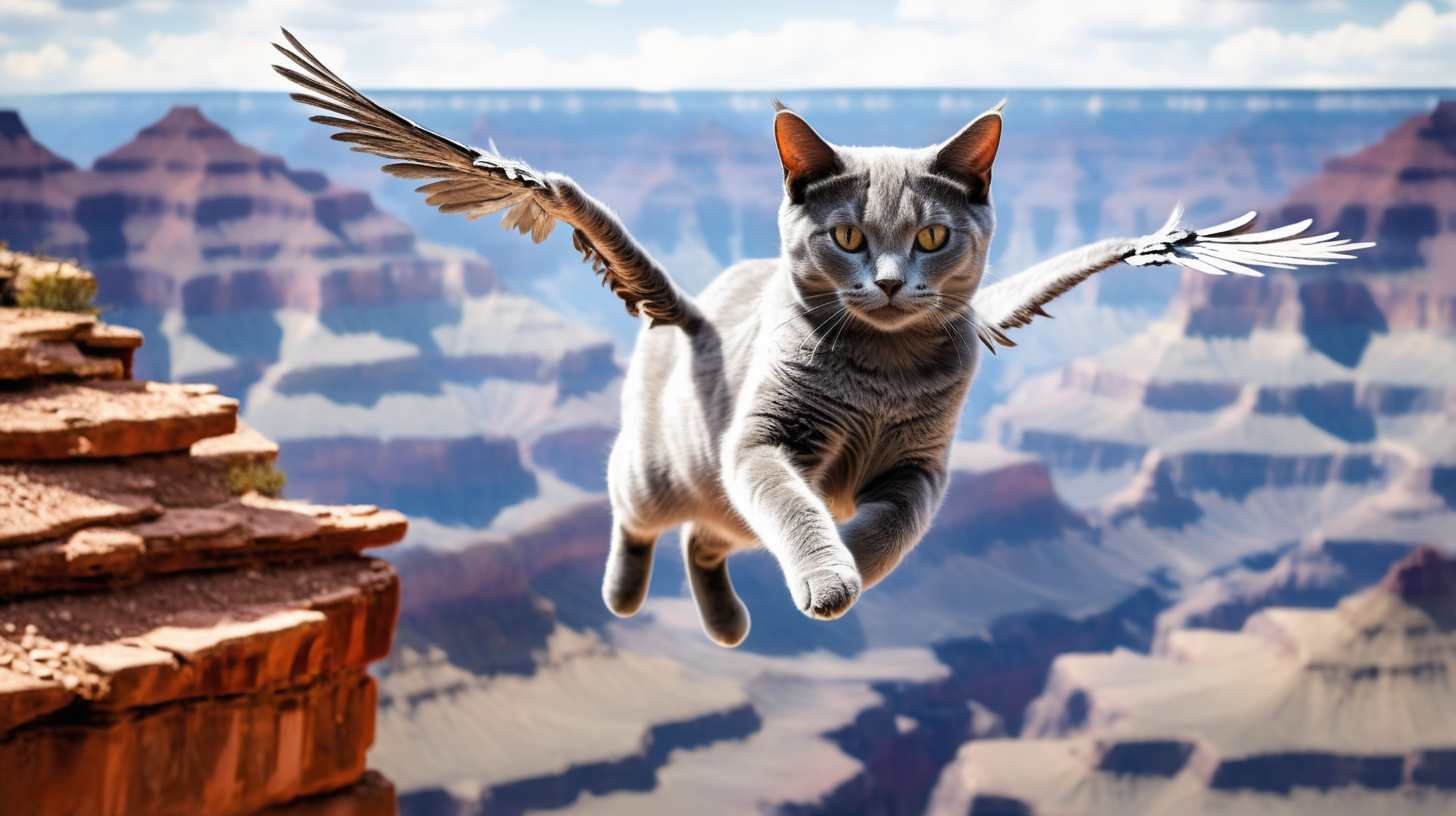 gray cat with wings jumping over grand canyon