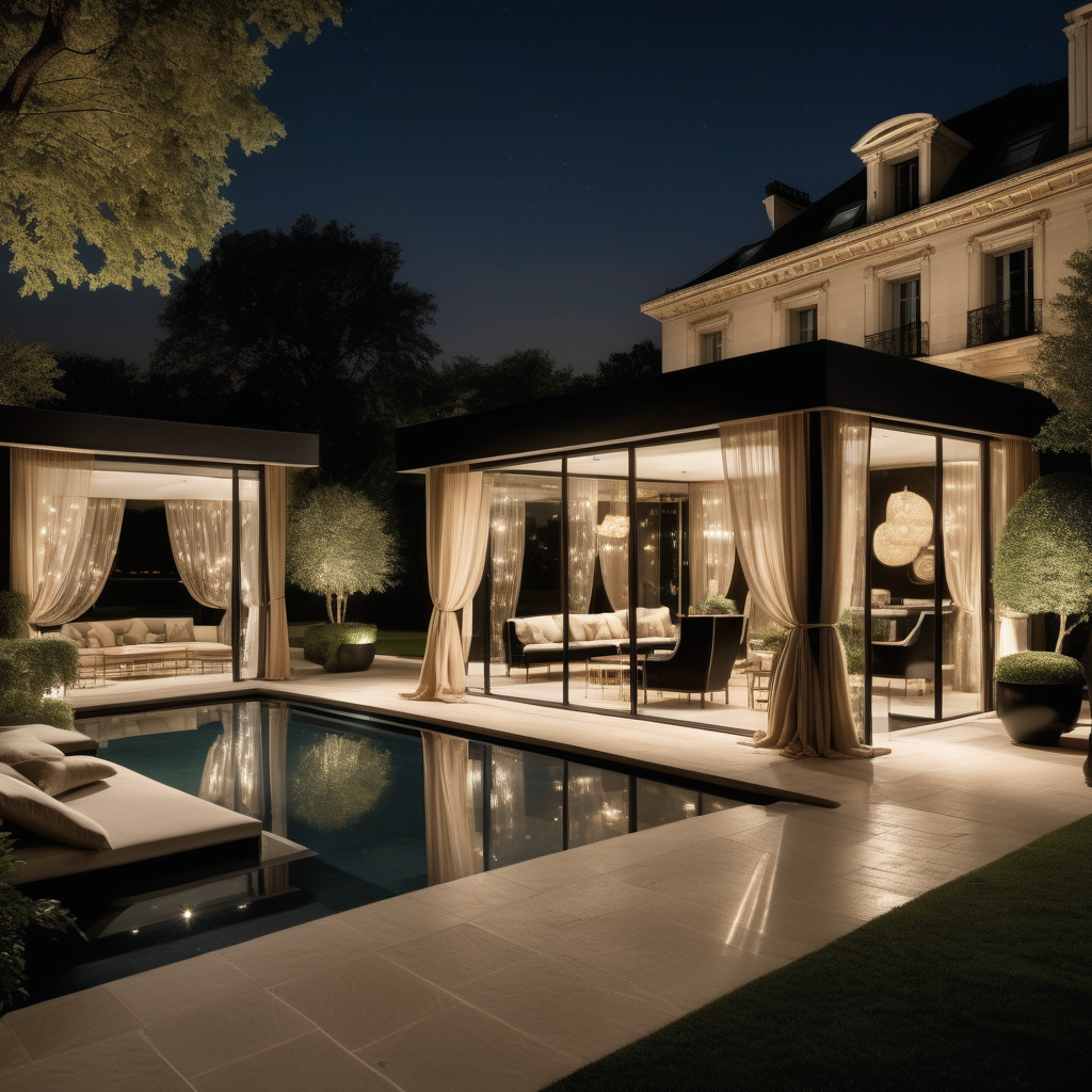 hyperrealistic modern Parisian Cabana with sheer curtains at night; mood lighting;  Limestone pavers;  overlooking the sparklin pool; beige, oak, brass and black colour palette; sprawling lawns --no neighbour houses

