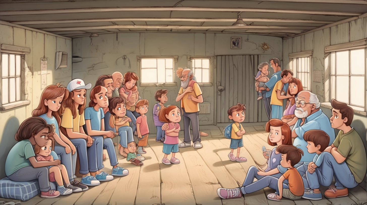 lot of cartoon people are sadly living in an old shelter together. The people include kids and adults