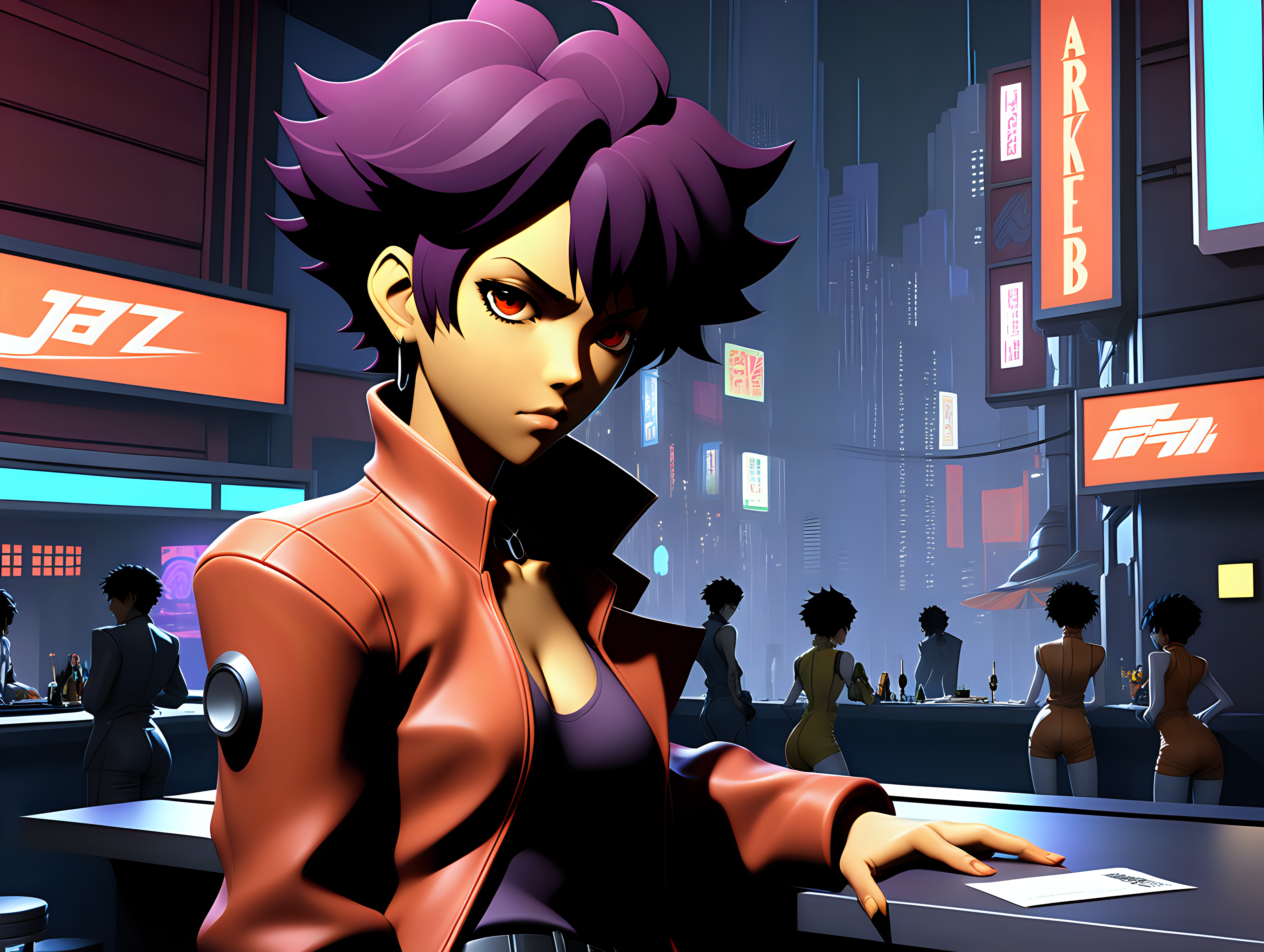 Generate concept art for a JRPG with a jazz-infused soundtrack and an aesthetic inspired by Persona, Cowboy Bebop, and Akira. The scene should prominently feature a main woman character in the front, along with supporting characters, in a vibrant urban environment, specifically in a futuristic bar or nightclub with elements of futuristic technology and a touch of noir.

Incorporate smooth low-poly graphics reminiscent of the PS1 era, capturing the essence of classic JRPGs. The art style should draw inspiration from the stylish and dynamic visuals of Persona, the gritty cyberpunk atmosphere of Akira, and the jazzy, adventurous feel of Cowboy Bebop. Set the scene in a bustling city with neon lights, futuristic architecture, and a jazz club or district.

Highlight the main and supporting characters in a way that reflects their personalities and the overall tone of the game. The soundtrack should evoke the soulful and improvisational spirit of jazz, setting the mood for the JRPG adventure.

Embrace the fusion of futuristic technology, jazz influences, and the captivating aesthetics of Persona, Cowboy Bebop, and Akira, delivering a visually stunning and immersive concept for a JRPG with a futuristic bar or nightclub background, prominently featuring the main character in the front.
