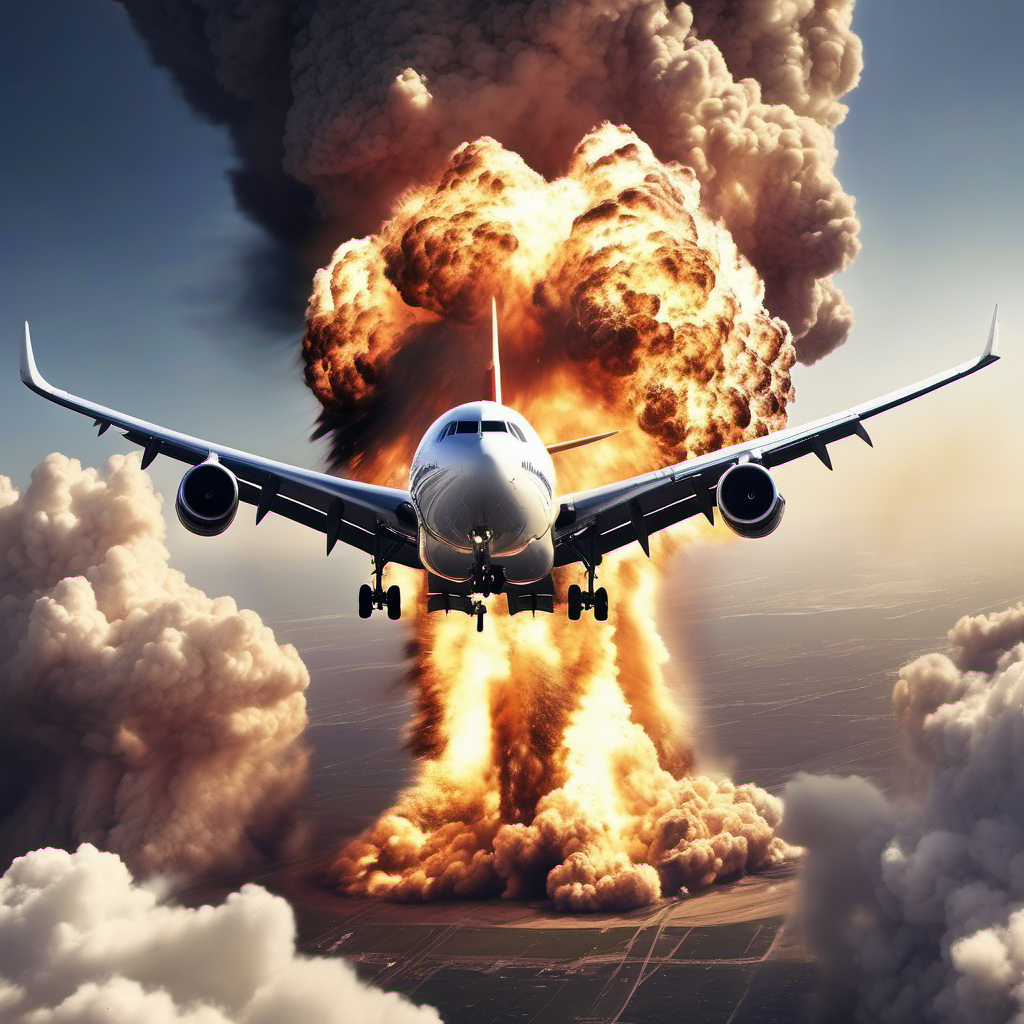 plane flying through big explosion towards us