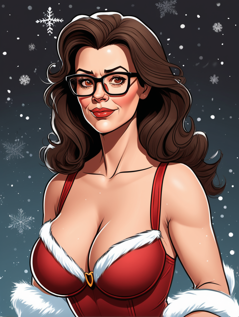 Beautiful, mature, brunette woman, teacher, glasses,  ripped open bra, innocent [Detailed comic book art style] on stage, above angle, christmas show