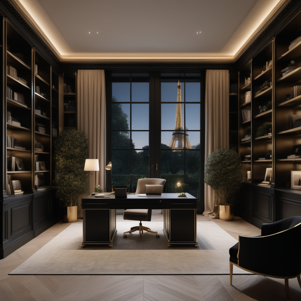 a hyperrealistic of a grand modern Parisian estate home office at night with mood lighting, floor to bookcases, floor to ceiling windows with a view of the manicured gardens, in a beige oak and brass and black colour palette
