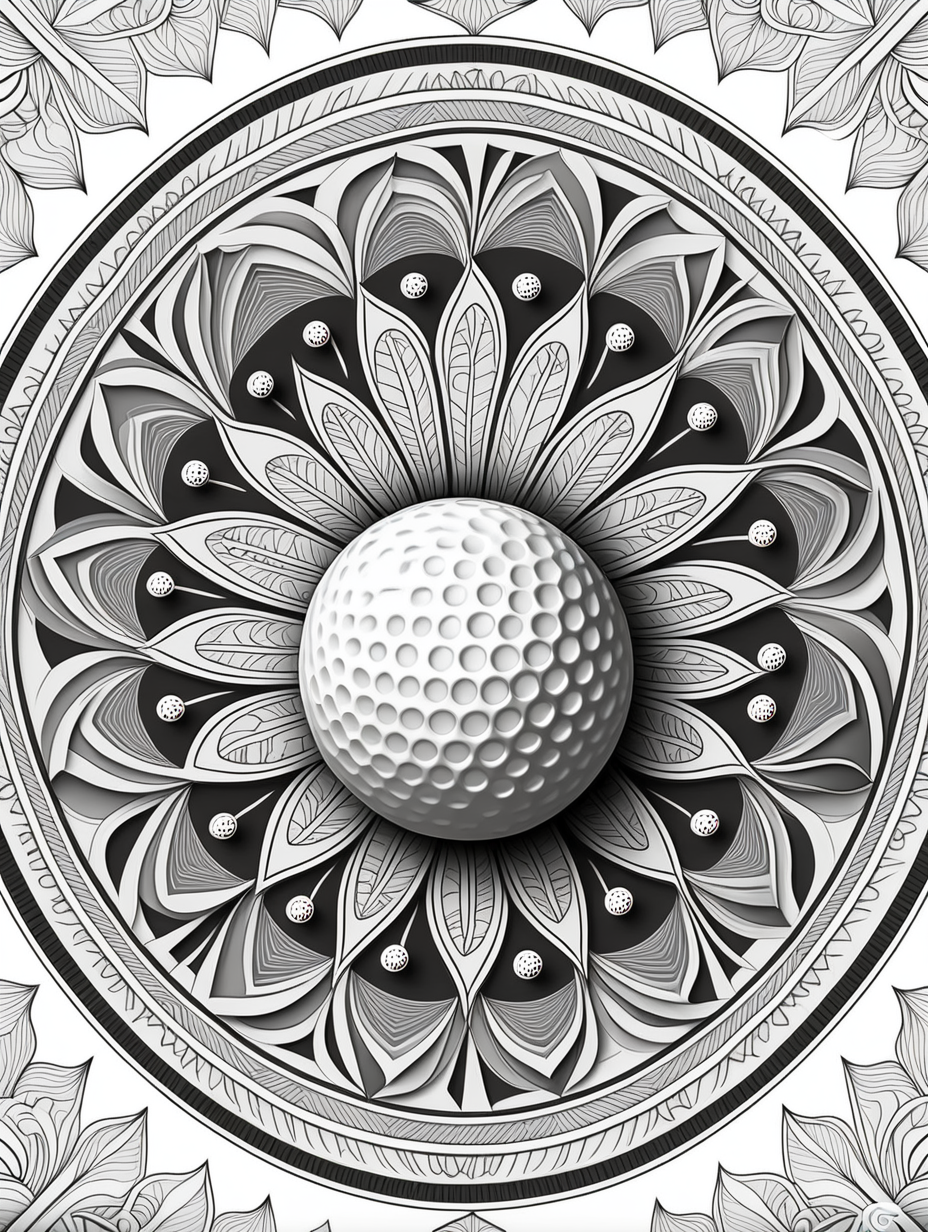 golf inspired mandala pattern, black and white, fit to page, children's coloring book, coloring book page, clean line art, line art, no bleed