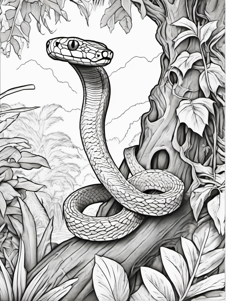 snake in a tree in jungle, coloring page, low details, no colors, no shadows