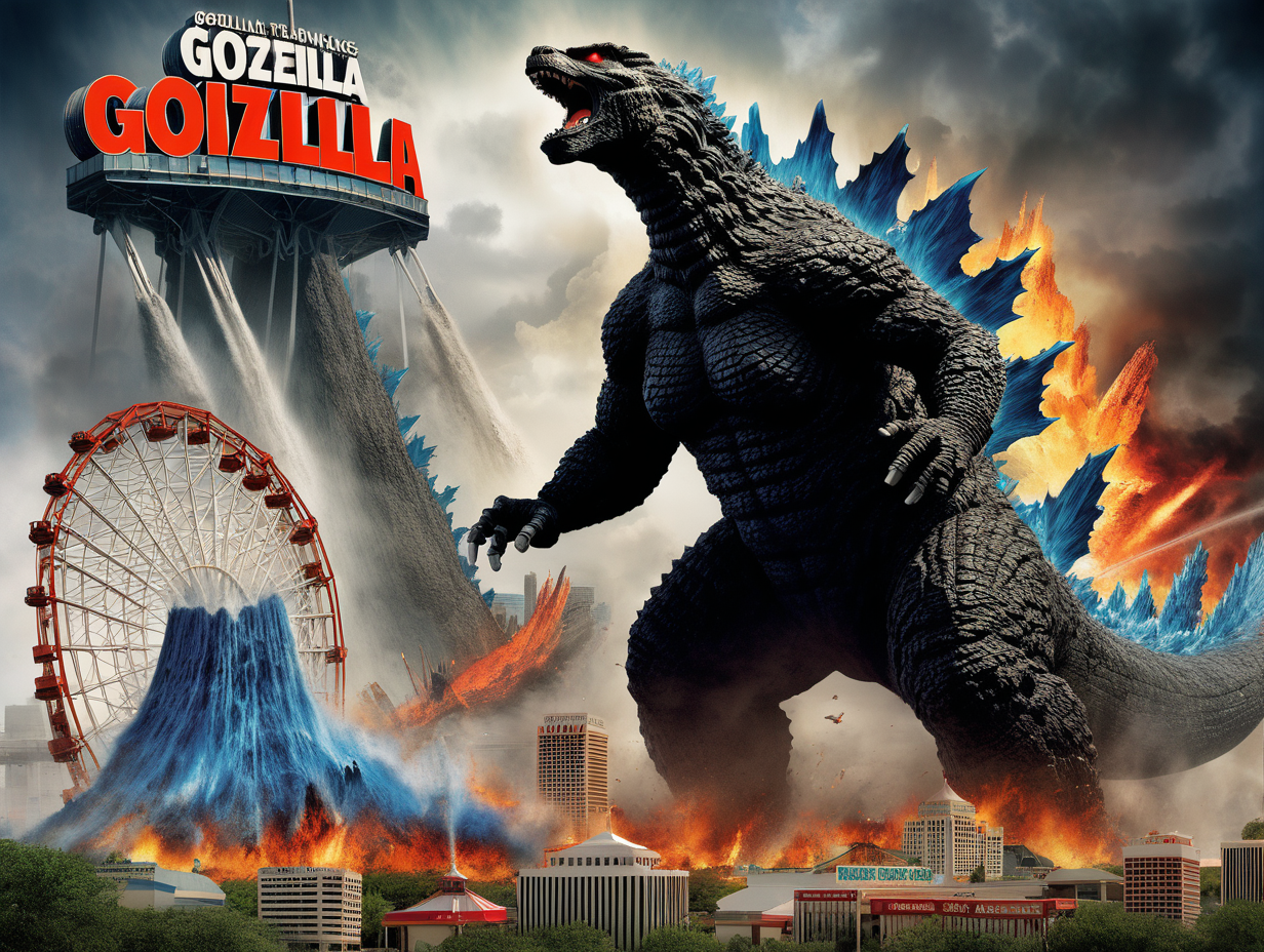 Movie poster of Godzilla destroying six flags over