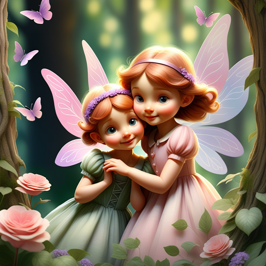 /envision prompt: Whimsical fairy valentines brought to life in a dreamy watercolor masterpiece reminiscent of the delicate strokes of Beatrix Potter. A lush, enchanted forest setting teeming with tiny winged creatures adorned in vibrant pastel hues, fluttering around heart-shaped flowers. The color temperature leans towards soft pinks and purples, casting a warm, romantic glow. Each fairy bears expressions of joy, mischief, or love, their features illuminated by dappled sunlight filtering through the foliage. The overall atmosphere exudes a magical charm, inviting viewers into a world where love and fantasy intertwine.--v 5 --stylize 1000